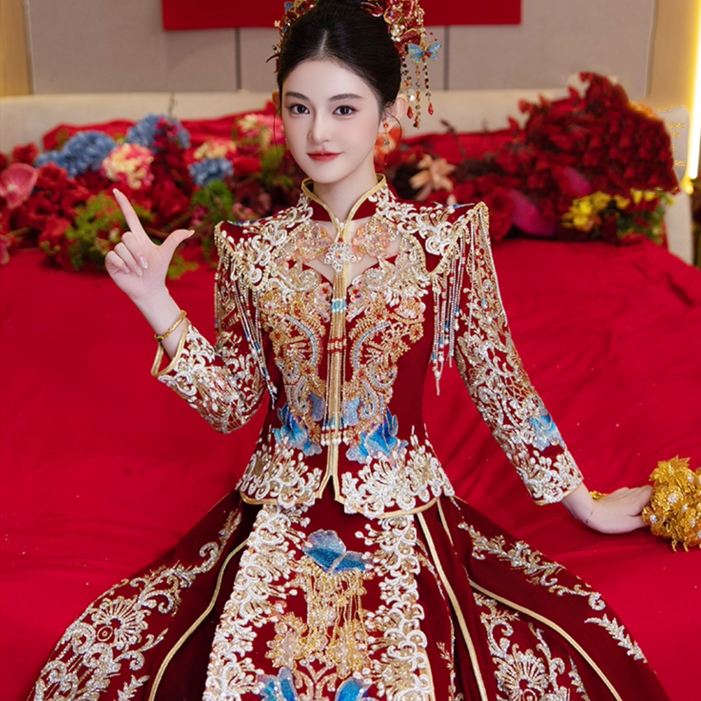 丝绒秀禾服2026新款大码重工结婚服长袖中式嫁衣高端新娘服小个子