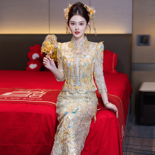 高级秀禾服浅色嫁衣2026新款结婚直筒包臀中式礼服香槟色新娘婚服