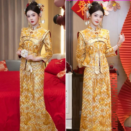 重工龙凤褂金色秀禾新娘礼服