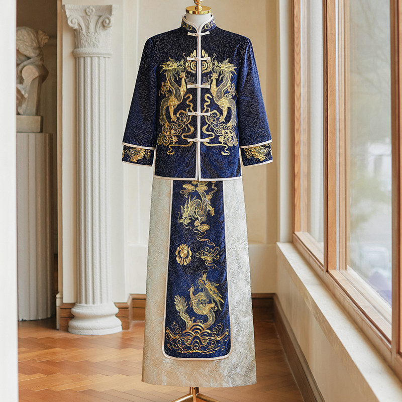 秀禾服男士2025新款新郎结婚礼服蓝色大码唐装接亲婚服高端龙凤褂