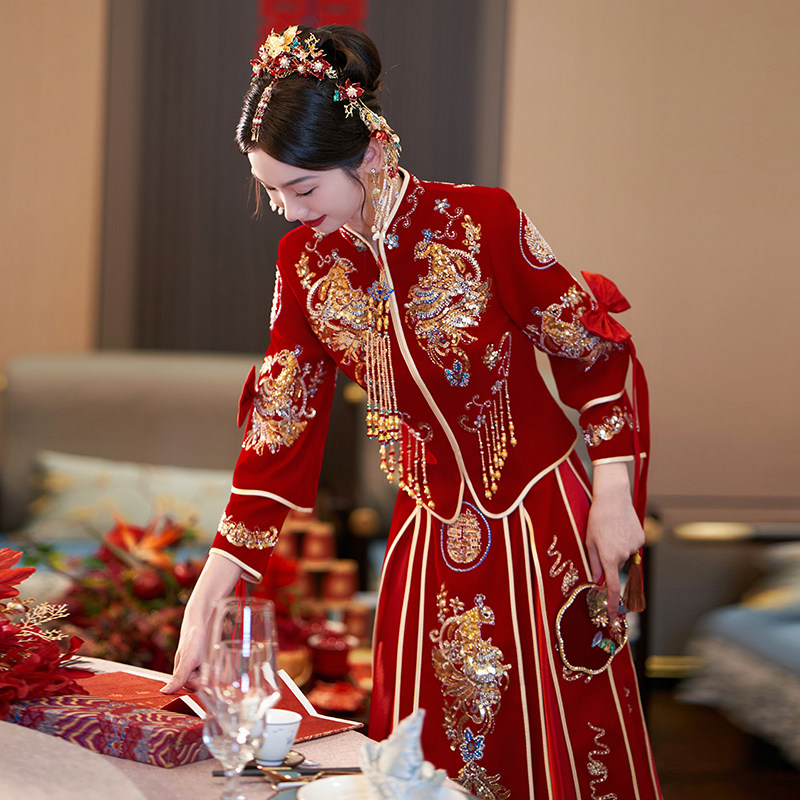 丝绒秀禾服2025新款新娘结婚礼服中式婚纱嫁衣高端龙凤褂敬酒服女