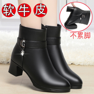 2024秋冬新款短靴女真牛皮中高跟女士单靴加厚羊毛棉皮鞋时尚女鞋