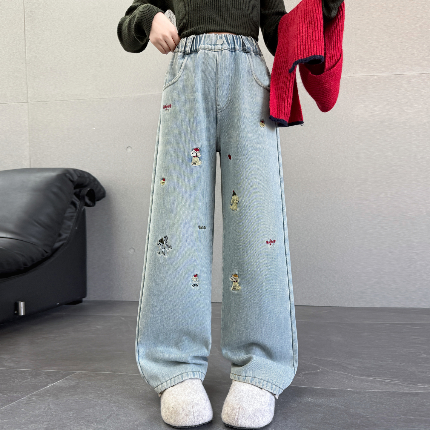 女童加绒牛仔裤冬季阔腿裤