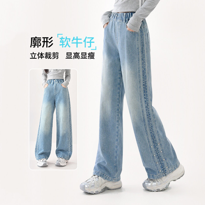 女童牛仔裤子春秋款儿童阔腿裤图片