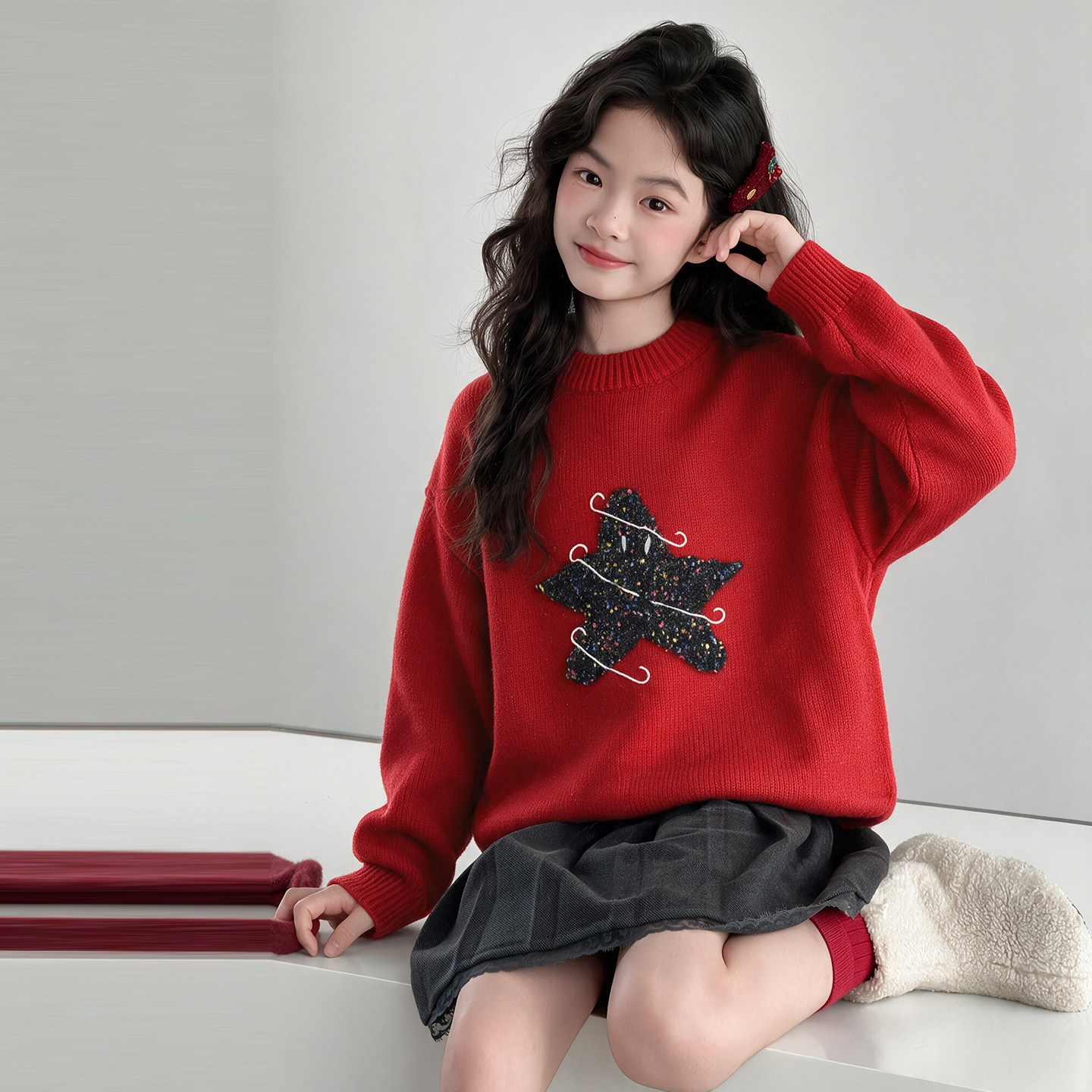 女童红色毛衣秋冬款儿童加厚针织衫冬季女大童打底衫冬装女孩线衣