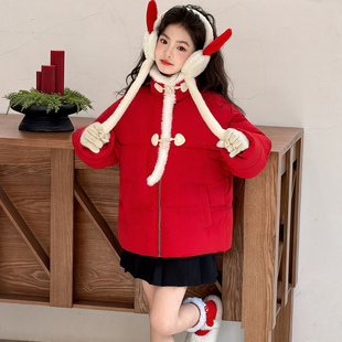 儿童红色棉服2025新款女童羽绒棉衣冬装中大童厚棉袄冬季夹棉外套