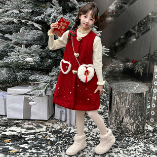 过年衣服女童红色连衣裙冬季加绒儿童裙子冬装女孩公主裙新年战袍