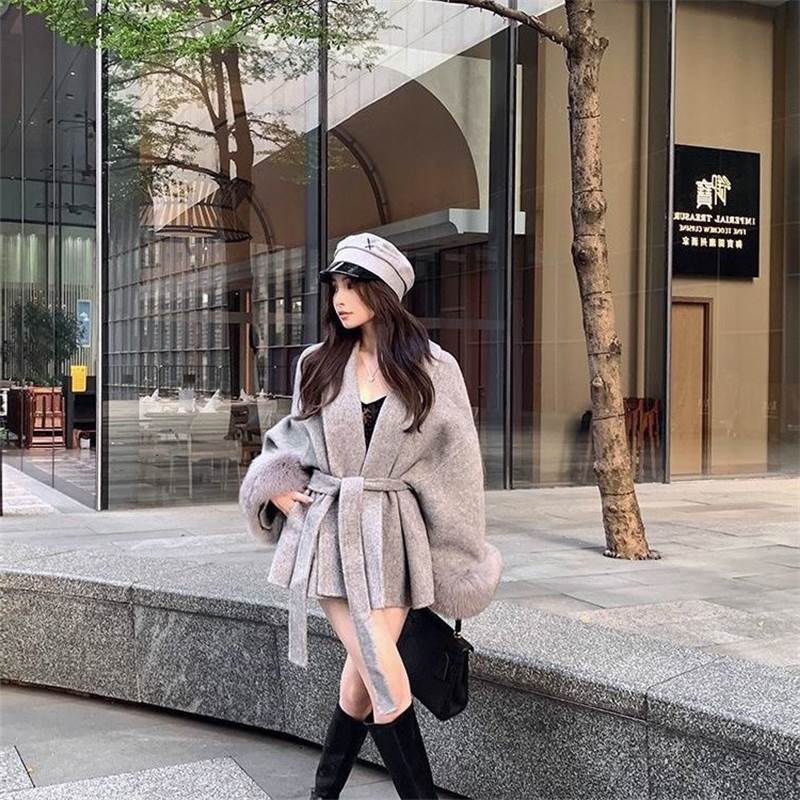 v领绑带毛呢外套女2025秋冬季长袖宽松高级感大衣拼接中长款上衣