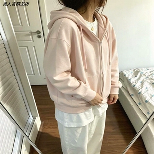 日系显瘦甜美宽松春秋款软妹上衣外套粉色卫衣女连帽开衫拉链长袖