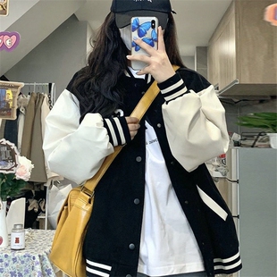 vintage棒球服女秋冬厚款2026新款韩版宽松撞色学生加绒外套ins潮