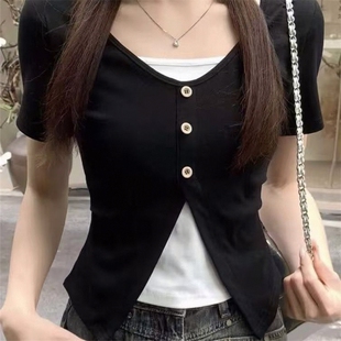 t恤设计感遮肚显瘦上衣 撞色拼接假两件正肩短袖 2026年舒适夏季 款