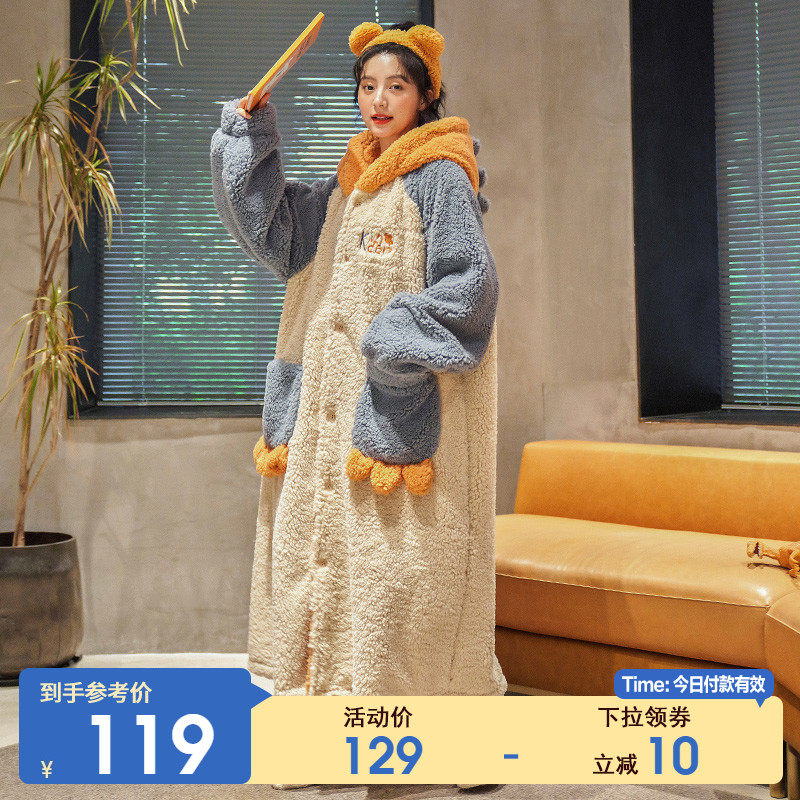 睡袍女秋冬季长款珊瑚绒加厚加绒睡衣女2022年新款法兰绒家居服