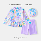 防晒花边泳装 泳衣儿童女2025新款 女孩分体游泳衣女童海边度假长袖