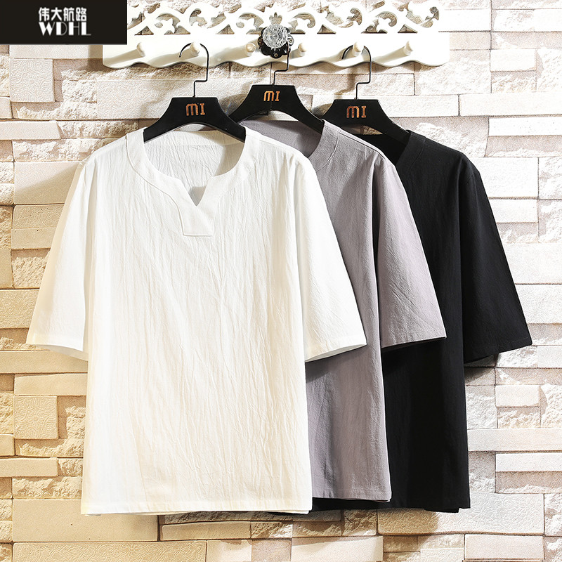 中国风棉麻薄款加大码v领打底衫