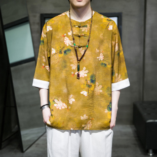 男式 加大码 中式 T恤中国风盘口唐装 宽松印花改良汉服 复古短袖 夏款