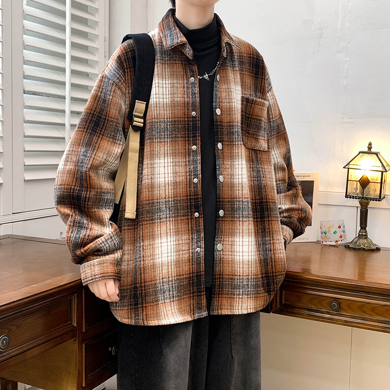 秋冬季男式格子长袖衬衫学院风外穿衬衣加大码街舞表演夹克外套潮