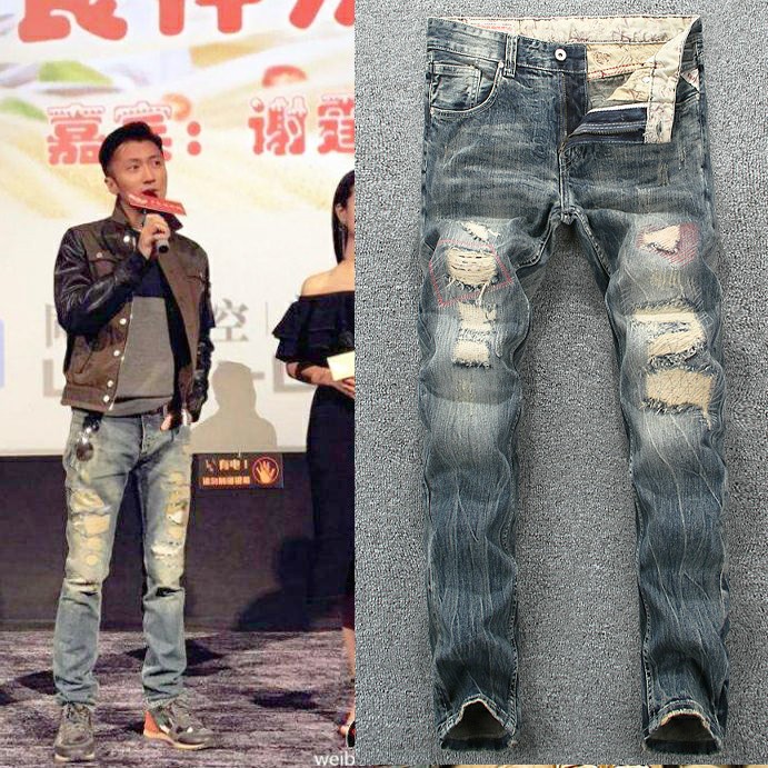 2025新款谢霆锋同款秋冬欧美风时尚潮牌破洞补丁乞丐修身牛仔裤男
