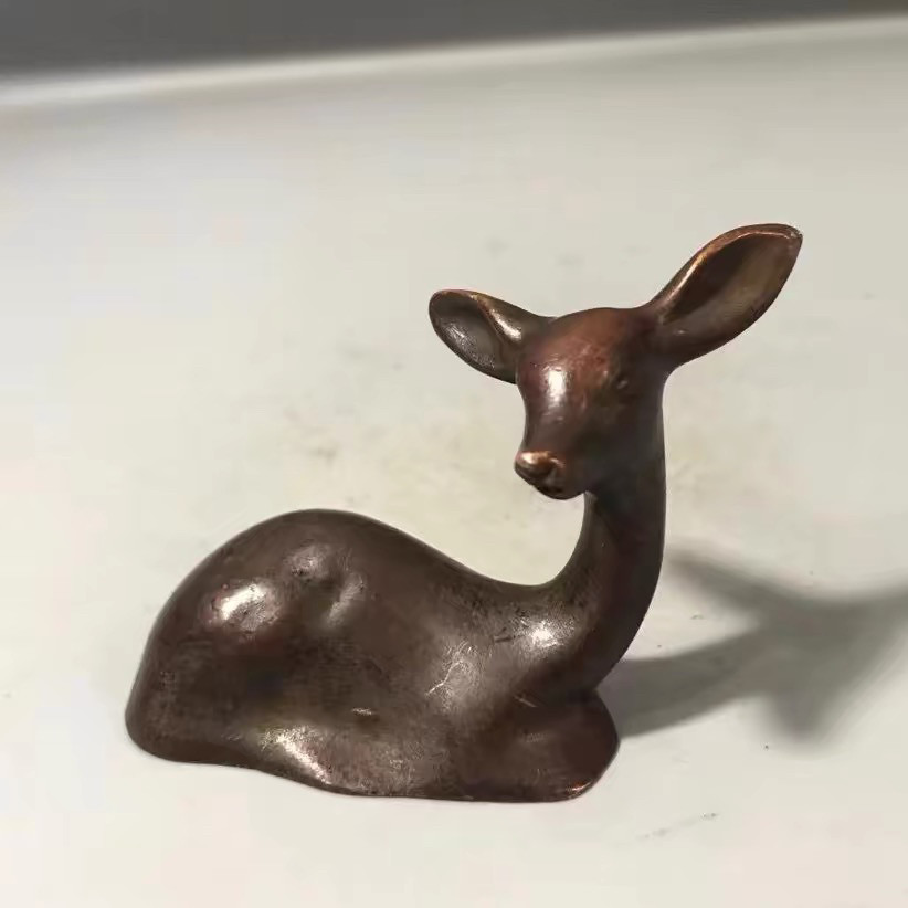 古玩实心铜俯鹿摆件一鹿有你仿紫铜茶宠小鹿镇纸家庭装饰桌面摆件