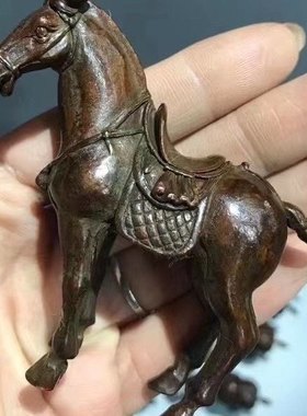 复古包浆回流实心铜小唐马摆件骏马带马鞍马驹小铜马把件战马唐马