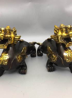 纯铜鎏金貔貅摆件 一对皮休客厅酒柜装饰办公室桌开业礼品