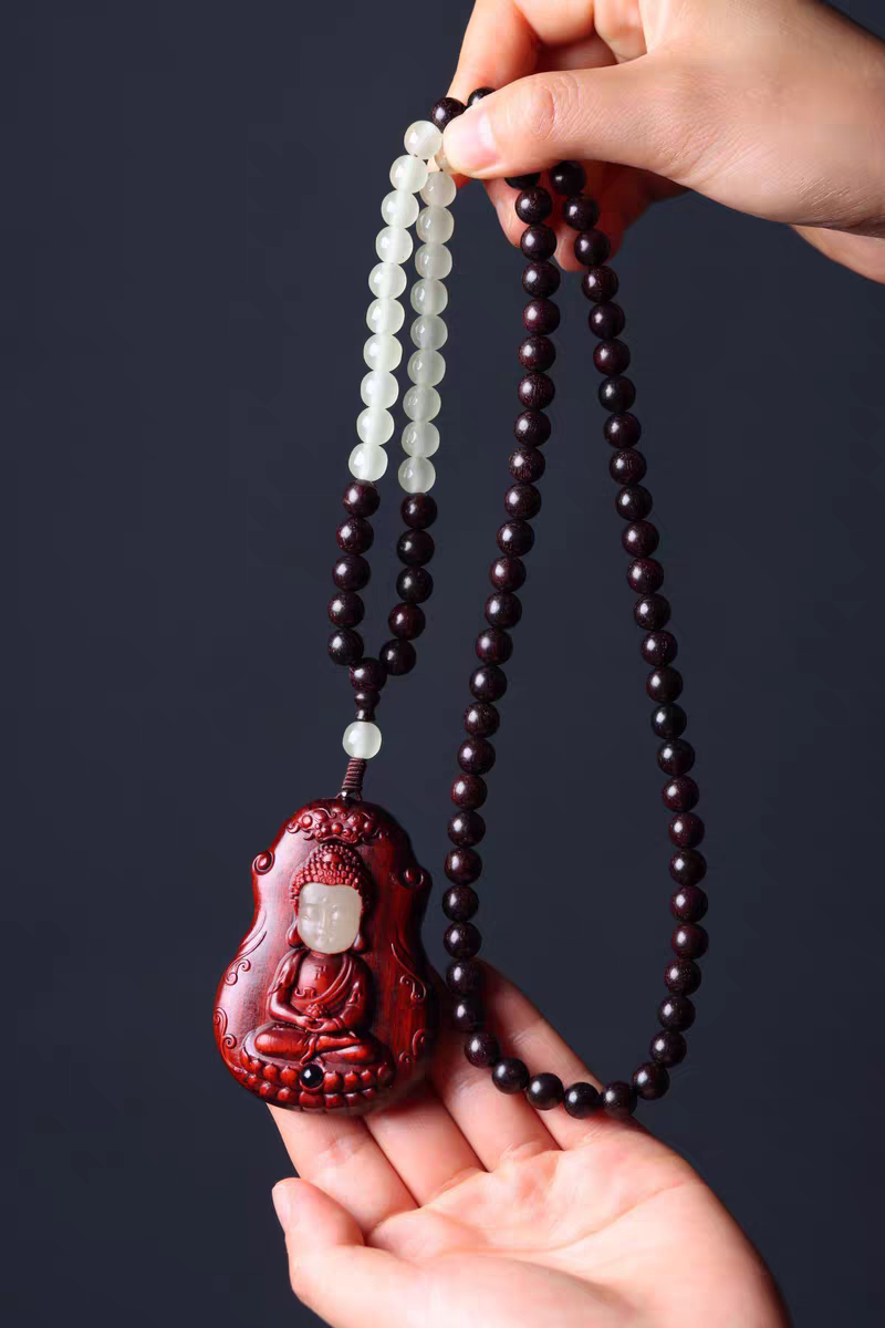 小叶紫檀木度母款项链手链血檀双面雕刻镶观音心经男女毛衣链吊坠