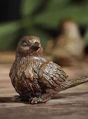 古玩铜器小麻雀喜鹊小鸟摆件茶道茶艺桌面装饰摆件古玩小鸟