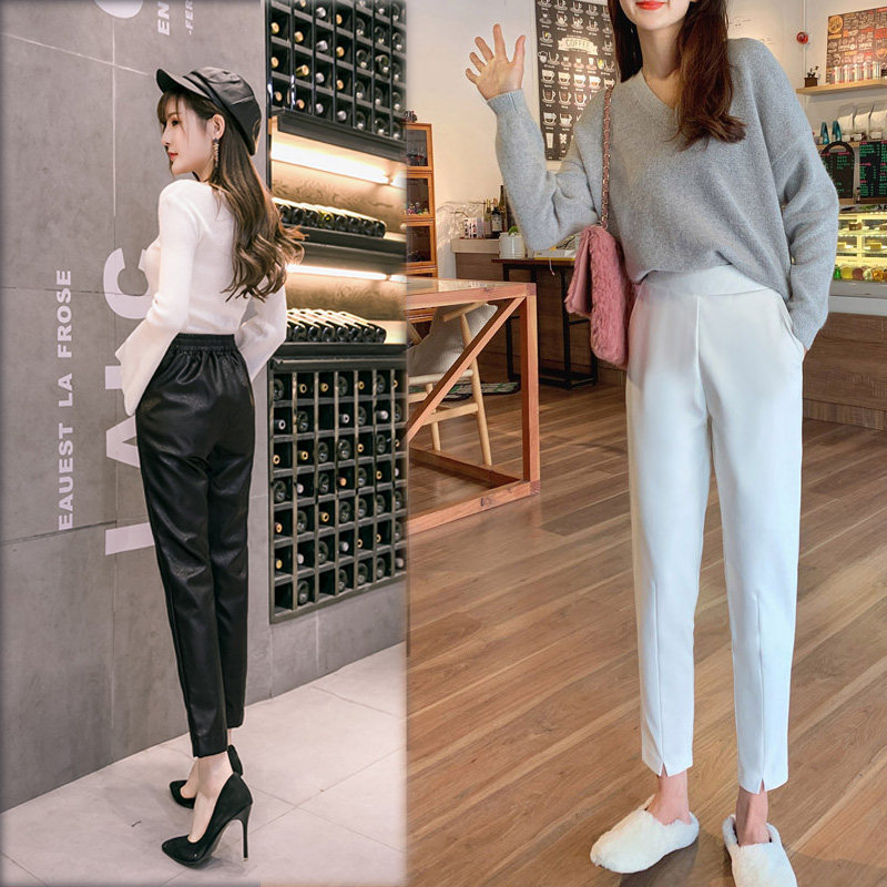 2024秋冬款皮裤女前开叉显瘦pu皮哈伦裤九分裤休闲裤小脚女裤子潮