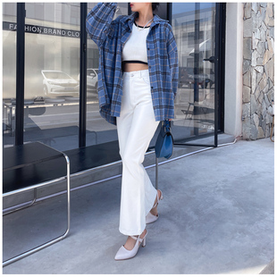白色微喇裤子ins潮百搭女PU皮裤2024秋冬新款高腰显瘦原创喇叭裤