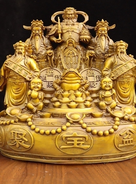 纯黄铜聚宝盆五路财神像室内聚财增旺五福招财进宝客厅办公室纯铜