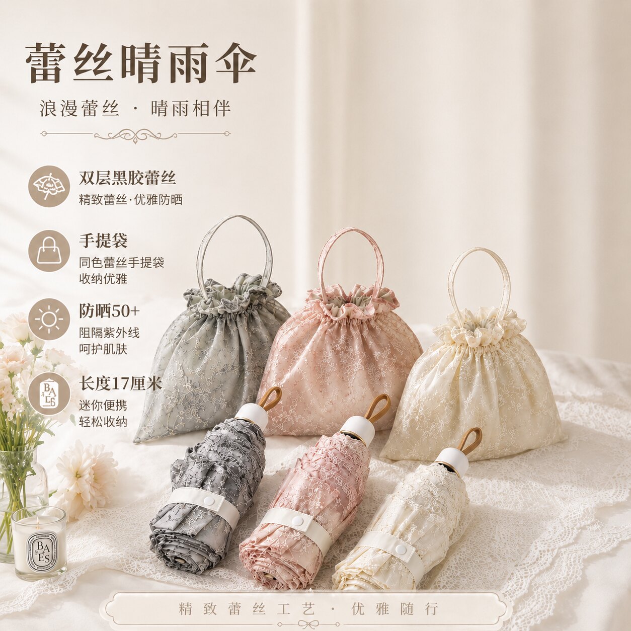 法式新款轻奢蕾丝刺绣女神双层太阳伞黑胶防晒防紫外线迷你遮阳伞