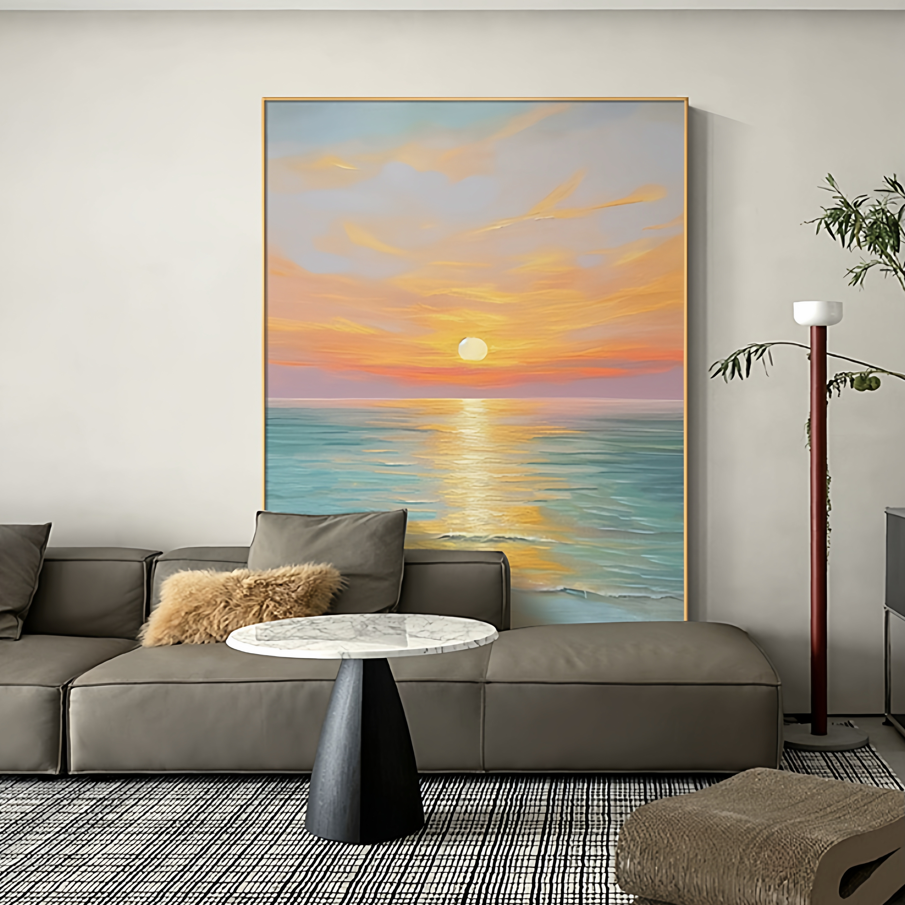 清馨手绘简约现代油画《海岸线》奶油风客厅沙发落地画玄关装饰画