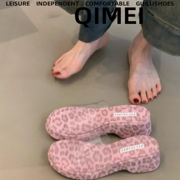 羊皮版~粉色豹纹凉鞋女厚底坡跟透明一字带凉拖鞋海边度假沙滩鞋