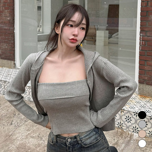 套装 kindame韩国百搭针织竖纹抹胸运动连帽拉链开衫 KS23W2303