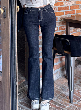 kindame韩国美胯加绒微喇叭牛仔裤女深蓝色显瘦直筒裤DL25W2732
