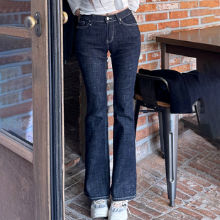 kindame韩国美胯加绒微喇叭牛仔裤女深蓝色显瘦直筒裤DL25W2732