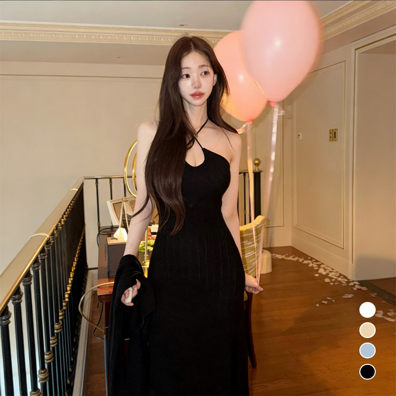 kindame纯欲性感针织连衣裙女镂空罗纹修身显瘦气质长裙DL26W4202