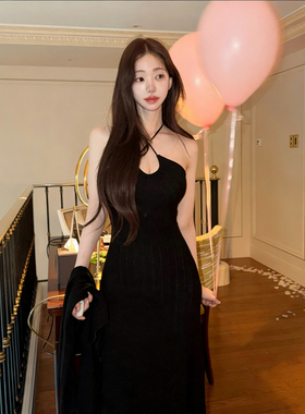 kindame纯欲性感针织连衣裙女镂空罗纹修身显瘦气质长裙DL26W4202