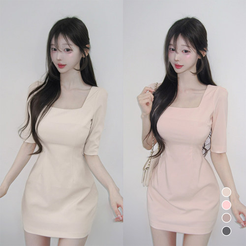 韩国简约方领显瘦包臀连衣裙