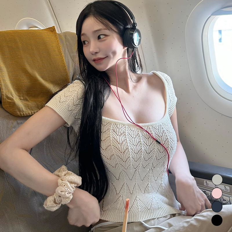 方领波纹针织镂空短袖T恤女K