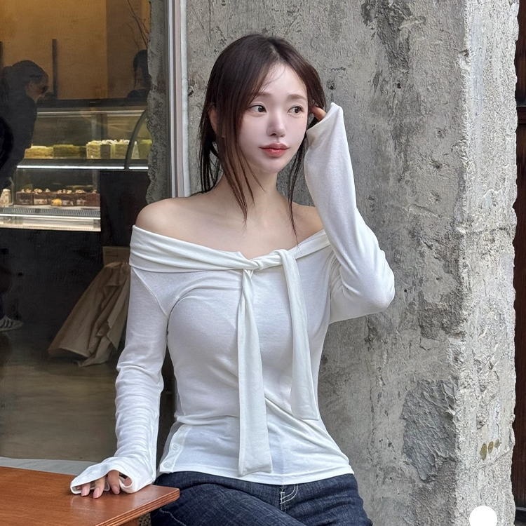 韩国一字肩松紧多系法领长袖