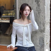 kindame韩国一字肩松紧多系法领两穿系带女长袖 T恤上衣DL25W0621
