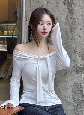 kindame韩国一字肩松紧多系法领两穿系带女长袖T恤上衣DL25W0621