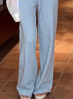 kindame韩国夏季清爽高腰显腿针织竖纹休闲宽松长裤BL25S3502