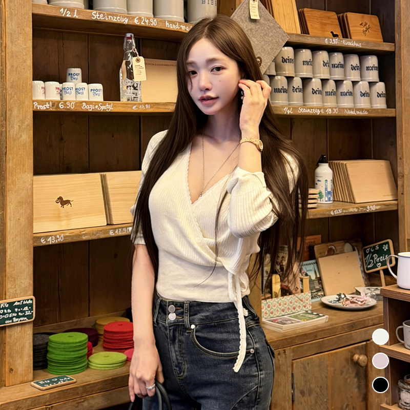 kindame韩国V领交叉绑带针织衫女裹身花边收腰百搭上衣TS26S4262