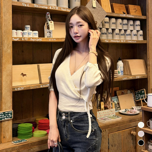 V领绑带裹身花边收腰针织衫女