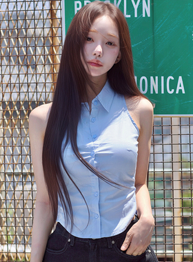 kindame韩国夏季修身时尚无袖显腰纽扣衬衫上衣TS25S2610