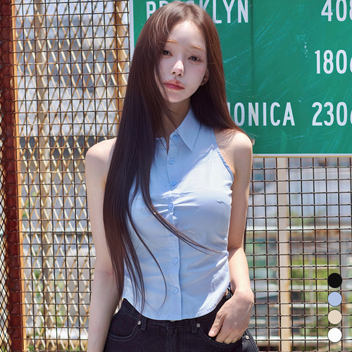 kindame韩国夏季修身时尚无袖显腰纽扣衬衫上衣TS25S2610