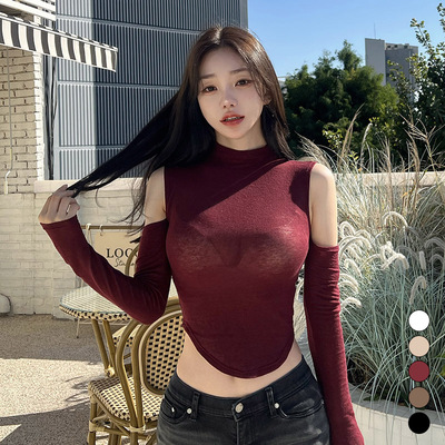 露肩半高领修身显瘦长袖针织衫