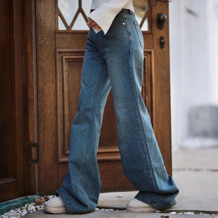kindame韩国美胯中低腰宽松牛仔裤女阔腿垂坠长裤中蓝色DL25W2734