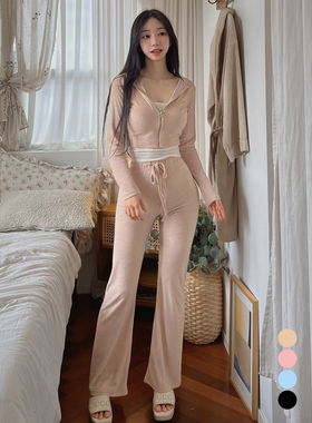 Kindame韩国高腰露脐连帽卫开衫运动休闲喇叭裤套装SL23S1601